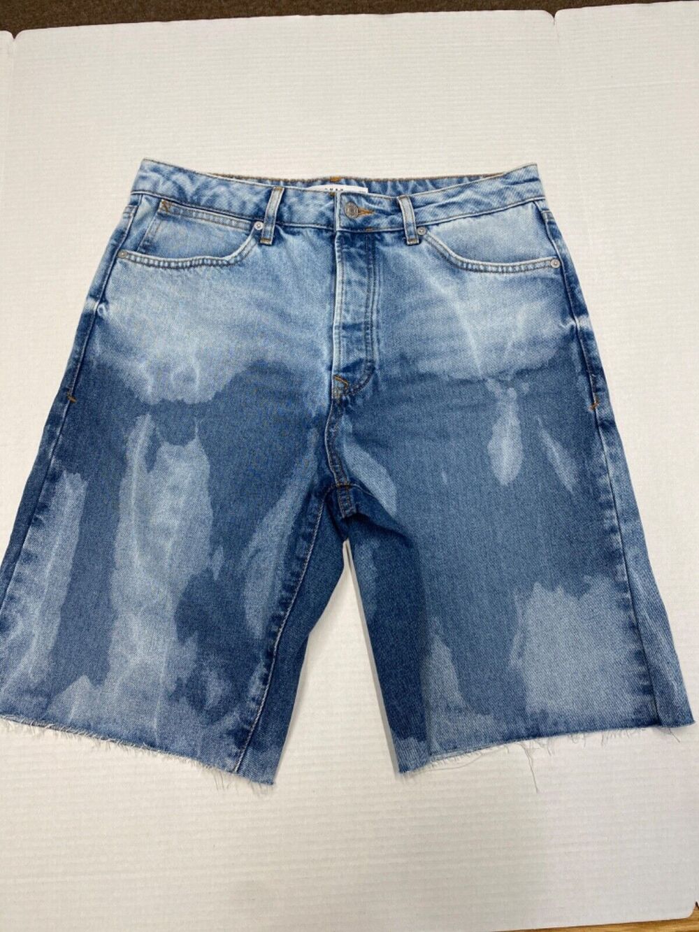 Topman Men’s Cut-Off Straight Jean Shorts Blue Frayed Acid Wash Denim 32 NWOT